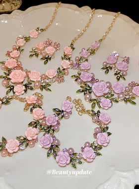 花朵树叶镶钻珍珠项链套装