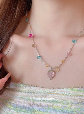 水滴草莓玻璃水晶串珠吊坠项链