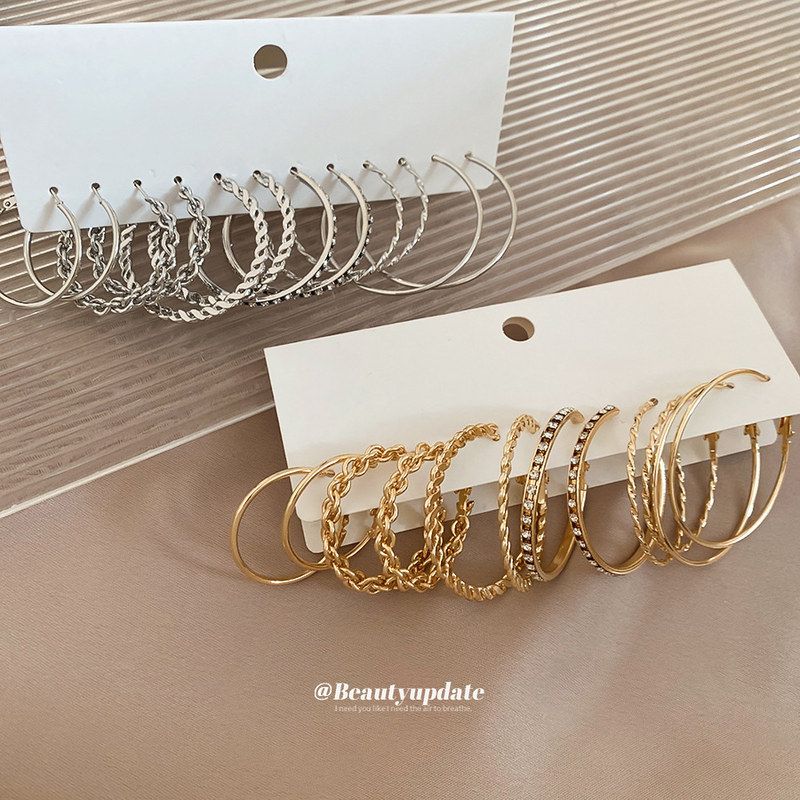 银针镶钻圆形耳圈套装休闲时尚