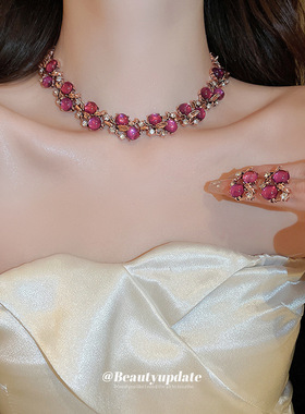 镶钻花朵中古项链手套装法