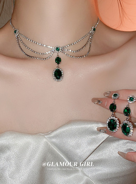 银针镶钻多层项链耳环套装