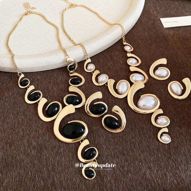 金属椭圆形流苏项链耳钉中古轻奢