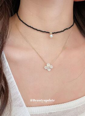 圆脸显小电镀水晶花朵珍珠项链