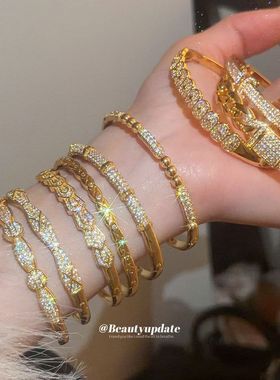 真金电镀锆石圆形卡扣手镯法式