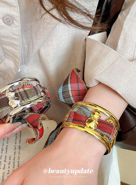 布艺格子金属葫芦开口手镯小众