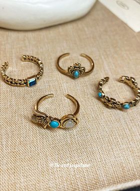 中古vintage镶钻树脂开口戒指小