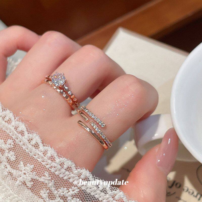 超闪锆石圆形开口戒指套装小众