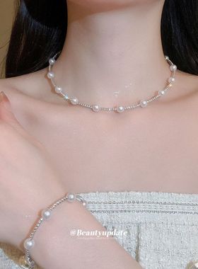新欧美时尚简约珍珠水钻束颈链