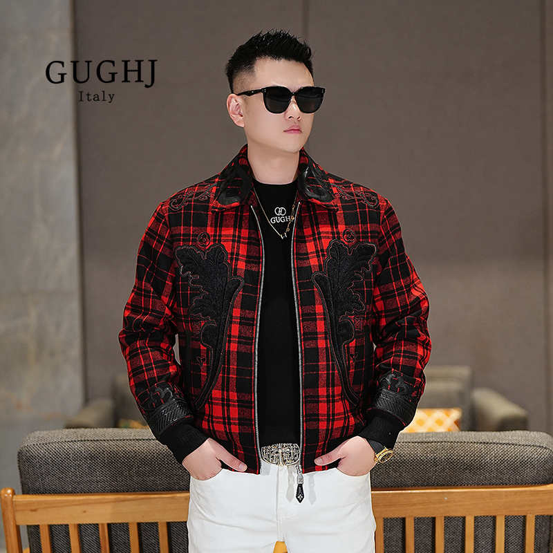 男士冬季新款羊毛混纺翻领夹克潮牌休闲百搭保暖重工刺绣格子外套