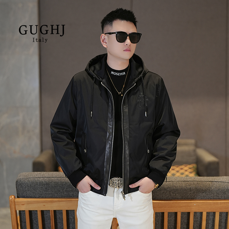 冬季新款潮牌男士连帽羽绒服时尚潮流休闲百搭保暖拼皮鹅绒外套