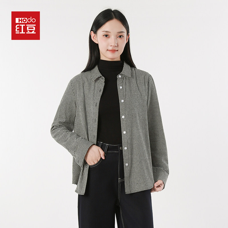 红豆2025春秋季新款通勤百搭休闲格子衬衫女修身显瘦长袖打底上衣