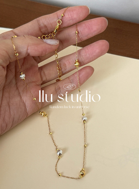 LLuStudio月光碎满天星拉丝金银双色猫眼珠锁骨链叠戴项链
