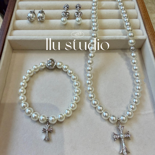 LLuStudio高品质重工十字架满钻轻奢珍珠项链锁骨链手链耳钉