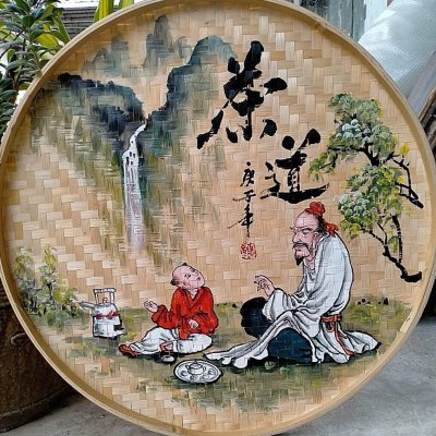 手绘竹编簸箕绘画农家乐装饰饭店壁饰茶道人物壁画火锅店挂画包邮图片