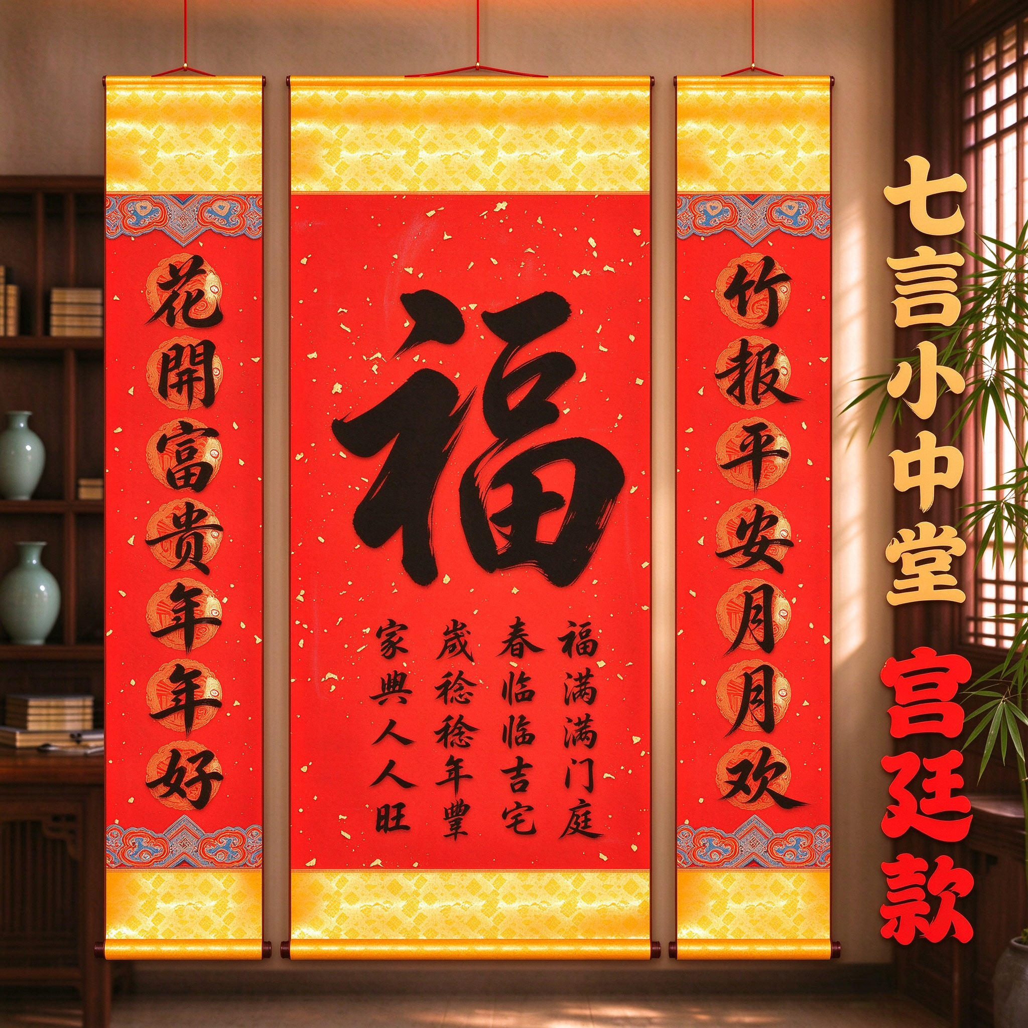 2027年羊年全蜡染微喷宣纸对联空白卷轴全蜡染万年红春节春联挂轴七言四言四字成语瓦当福禄寿中堂大红色立轴