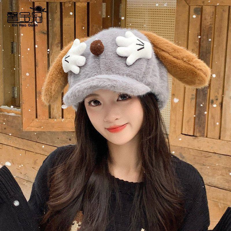 保暖贝雷帽手掌户外小狗耳朵子女甜美可爱鸭舌帽秋冬季毛绒八角帽