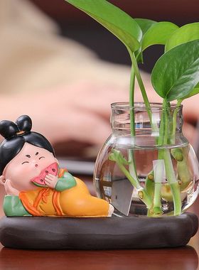 仕女卡通唐女创意摆件可爱绿植客厅摆件玻璃花瓶新装饰绿萝公仔小