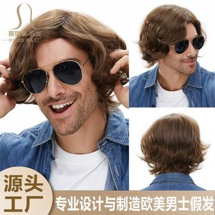 棕色男式 广州摇滚卷发工厂高端短disco70s假发欧美风跨境假发跨境