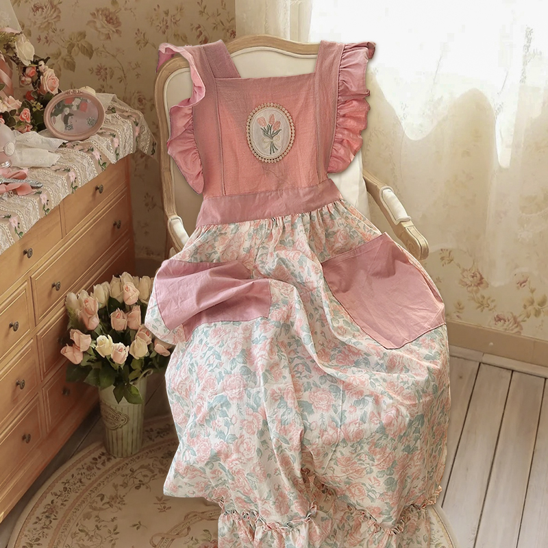 新款时尚粉色碎花公主风围裙