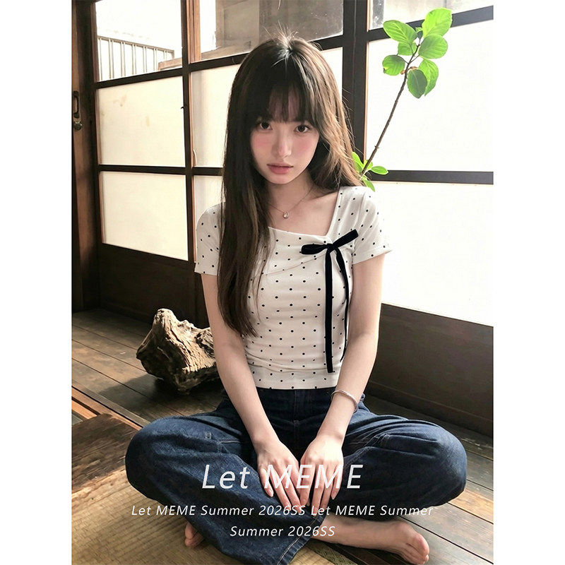 白色v领波点蝴蝶结正肩短袖t恤女夏季设计感修身紧身短款辣妹上衣
