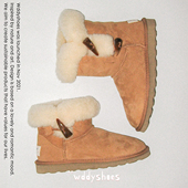 WDDYSHOES牛角扣雪地靴女2025冬新款 皮毛一体翻毛中高筒棉鞋