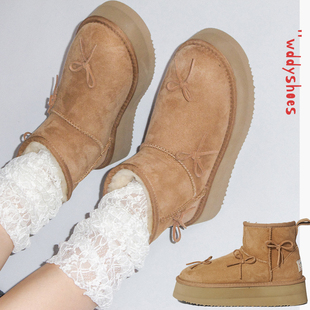 WDDYSHOES 皮毛一体蝴蝶结厚底雪地靴女冬季中筒短靴加绒保暖棉鞋