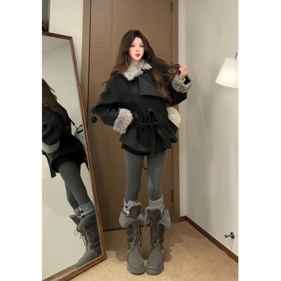 韩系毛领加厚毛呢大衣女