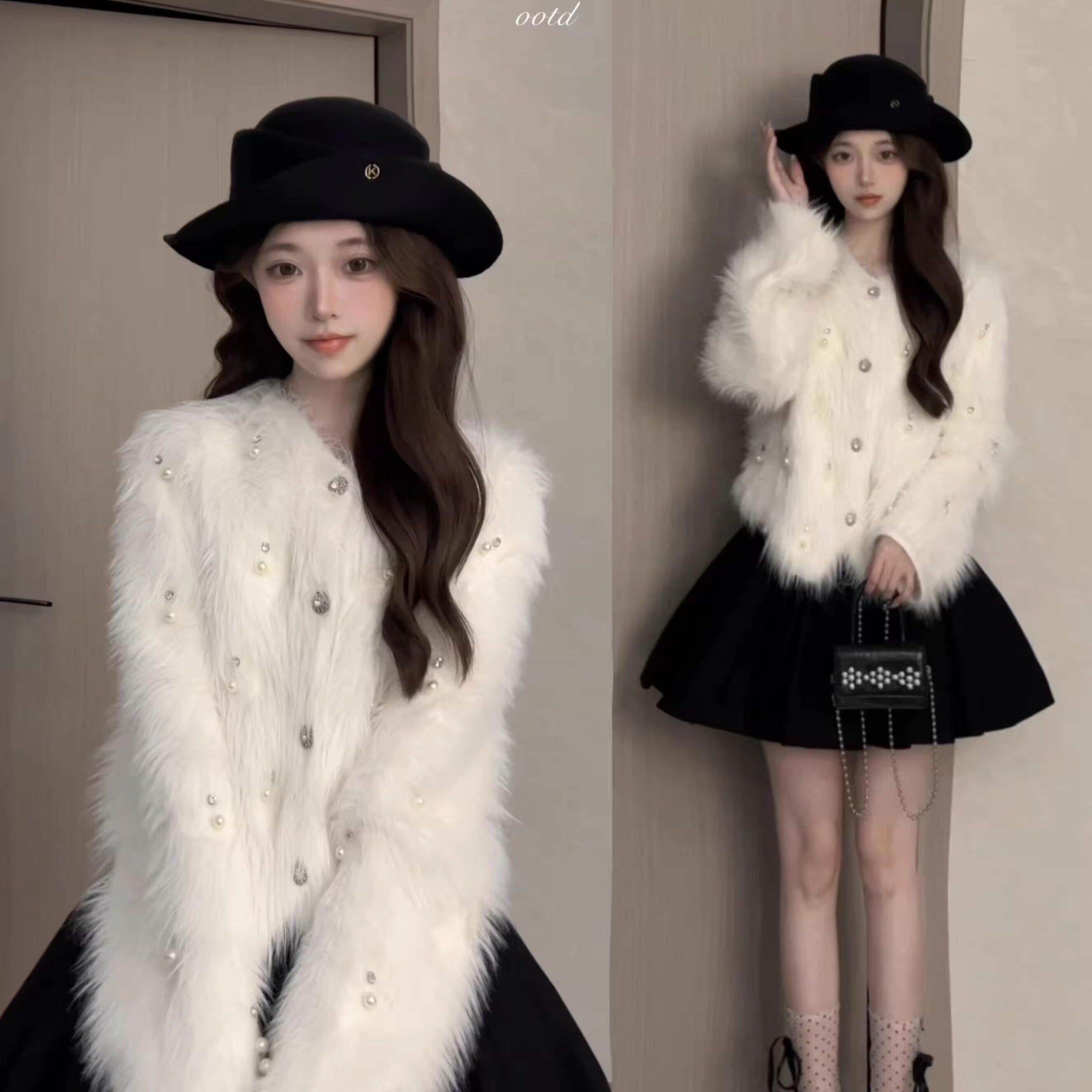 奶fufu白色小香风仿水貂绒毛衣开衫外套女秋冬季加厚毛毛环保皮草