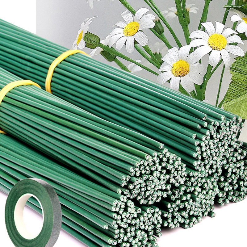 花艺2号花杆绿铁丝手工diy玫瑰花钩织花胶包花枝材料包绿塑包铁丝