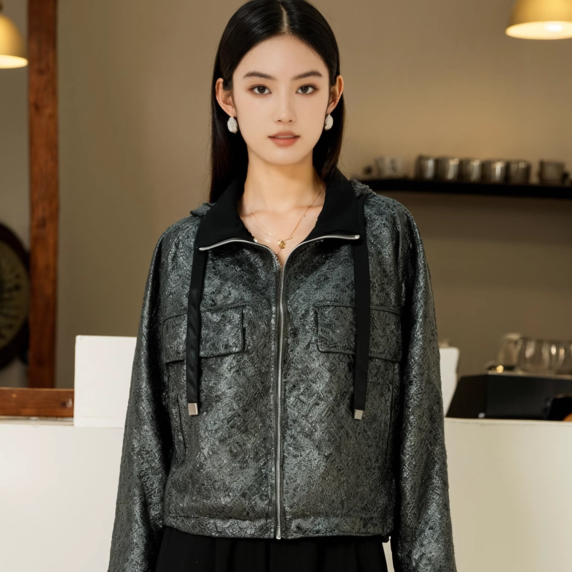 卡利亚里品牌撤柜折扣高端时尚气质百搭黑银色外套A44-W0179