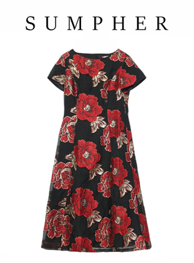 【六礼】精选品牌女装高端时尚气质百搭红花色连衣裙A2-17109