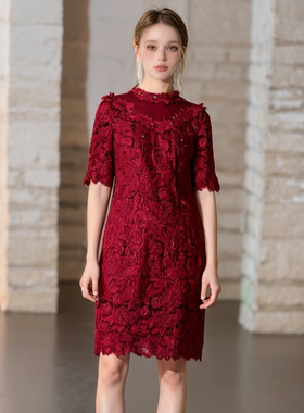 睐牌精选品牌女装高端休闲时尚气质百搭女酒红色连衣裙睐A2-16521