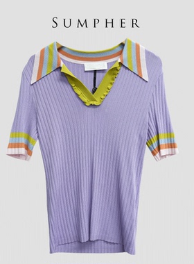 【广州杰哥Jack】Sumpher卓家专柜时尚高端紫色短袖套头毛衣-3300