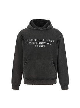 FARSTA标语印花重磅水洗黑Vintage做旧破坏连帽cleanfit卫衣情侣