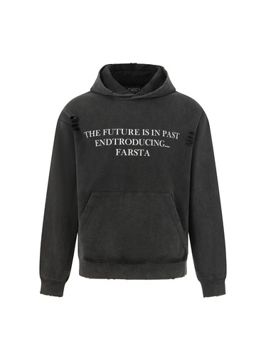 FARSTA标语印花重磅水洗黑Vintage做旧破坏连帽cleanfit卫衣情侣
