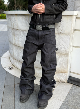 FARSTA 重磅原牛伐木裤拼接烫钻A字微喇牛仔裤男女同款