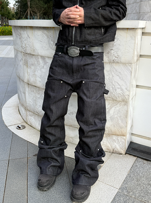 FARSTA 重磅原牛伐木裤拼接烫钻A字微喇牛仔裤男女同款