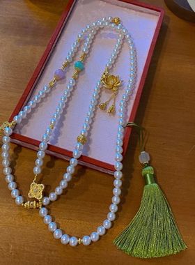 长款仿珍珠钱袋流苏项链新中式正圆冷白光多宝毛衣链气质斜跨链