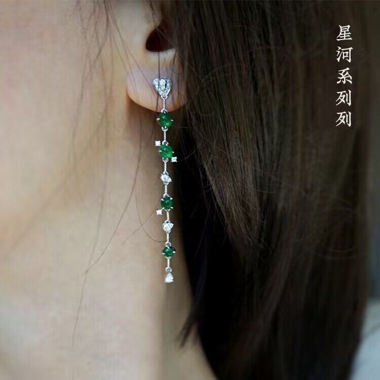 和田碧玉长款耳环镶玉手工设计翡翠帝王绿女耳坠高端古典时尚耳饰