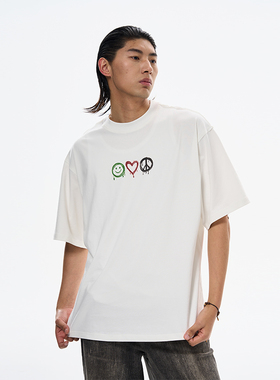 WAVYBOY 涂鸦短袖美式夏季男白色设计感夏季潮牌宽松圆领短袖t恤