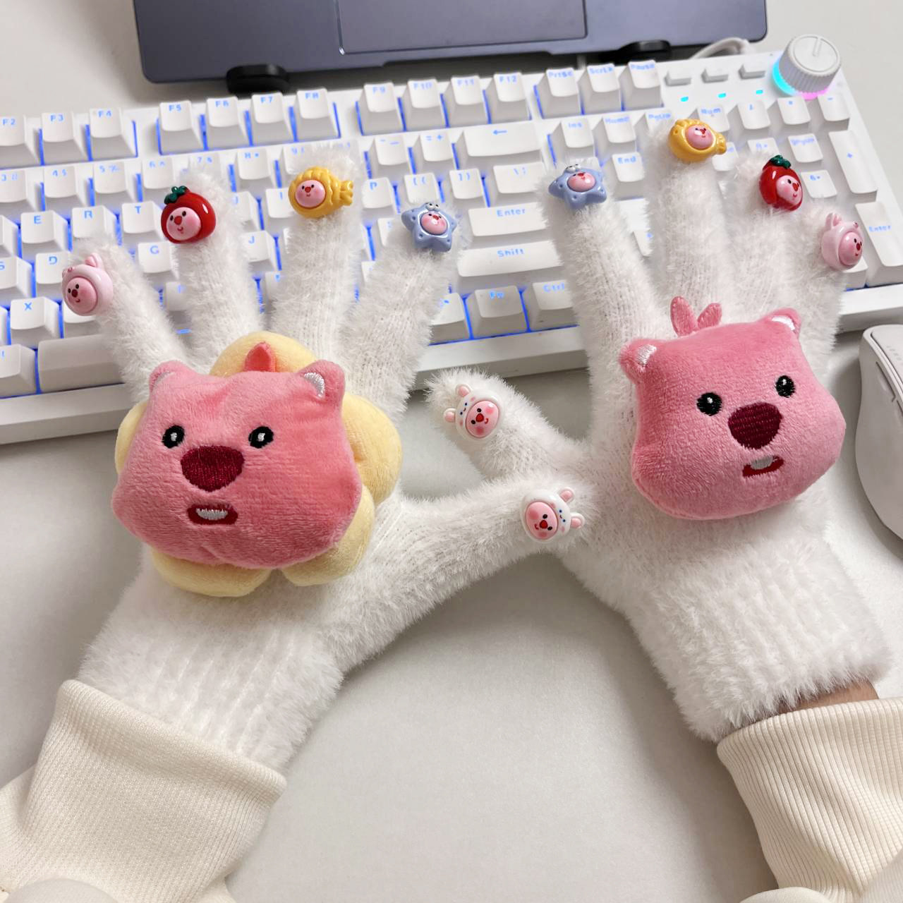 diy可爱小海狸loopy水钻毛绒手套女手工材料包五指玩偶保暖手套