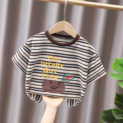 纯棉夏季短袖条纹卡其色上衣复古