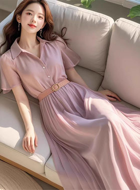 2026新款夏季今年流行的简单大方高级感粉紫色连衣裙子女装中长裙