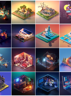 Blender卡通场景100套 Lowpoly城堡机场汽车轮船山石树木模型0583