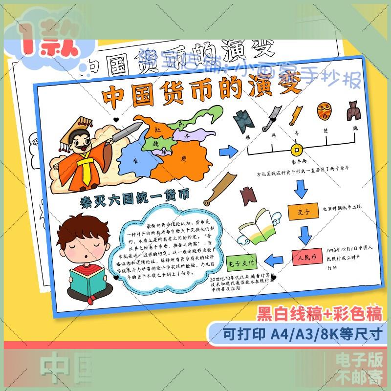 电子版货币发展史手抄报中国货币的演变趣味数学小报电子版黑白线