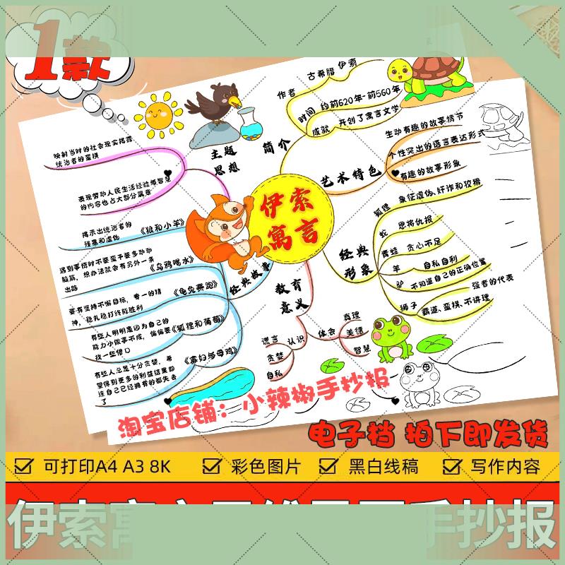 电子版伊索寓言思维导图故事阅读书黑白线描涂色空白模板学生手抄
