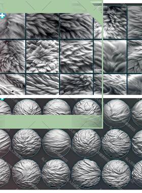 400张zbrush动物毛发头发皮毛羊毛Alpha雕刻笔刷SP贴图材质球