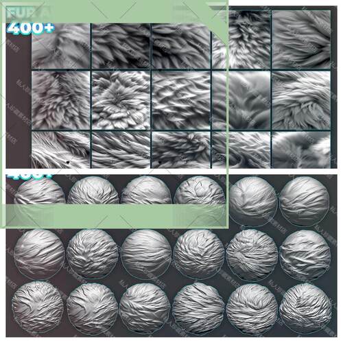 400张zbrush动物毛发头发皮毛羊毛Alpha雕刻笔刷SP贴图材质球