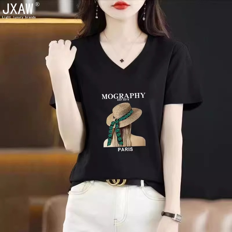 v领红色短袖T恤女2025新款夏季高端大牌纯棉欧货胖mm大码正肩上衣