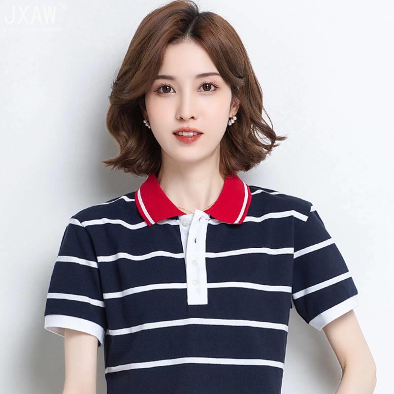 翻领短袖t恤女正肩2025新款夏装修身显瘦条纹polo衫純棉宽松上衣